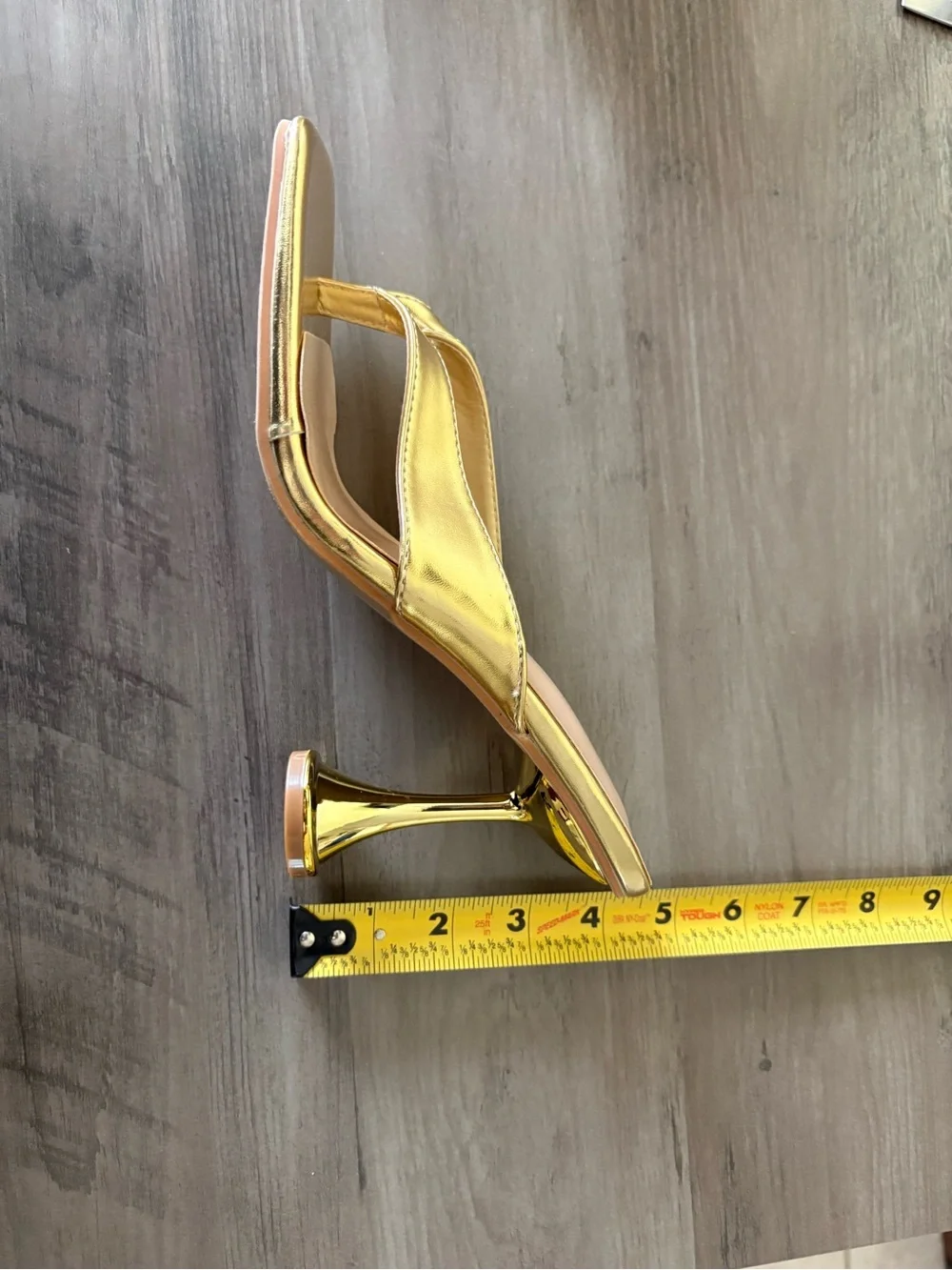 Metallic Gold Thong Mule Heels Square Toe Sculptural Flared Heel Size 39